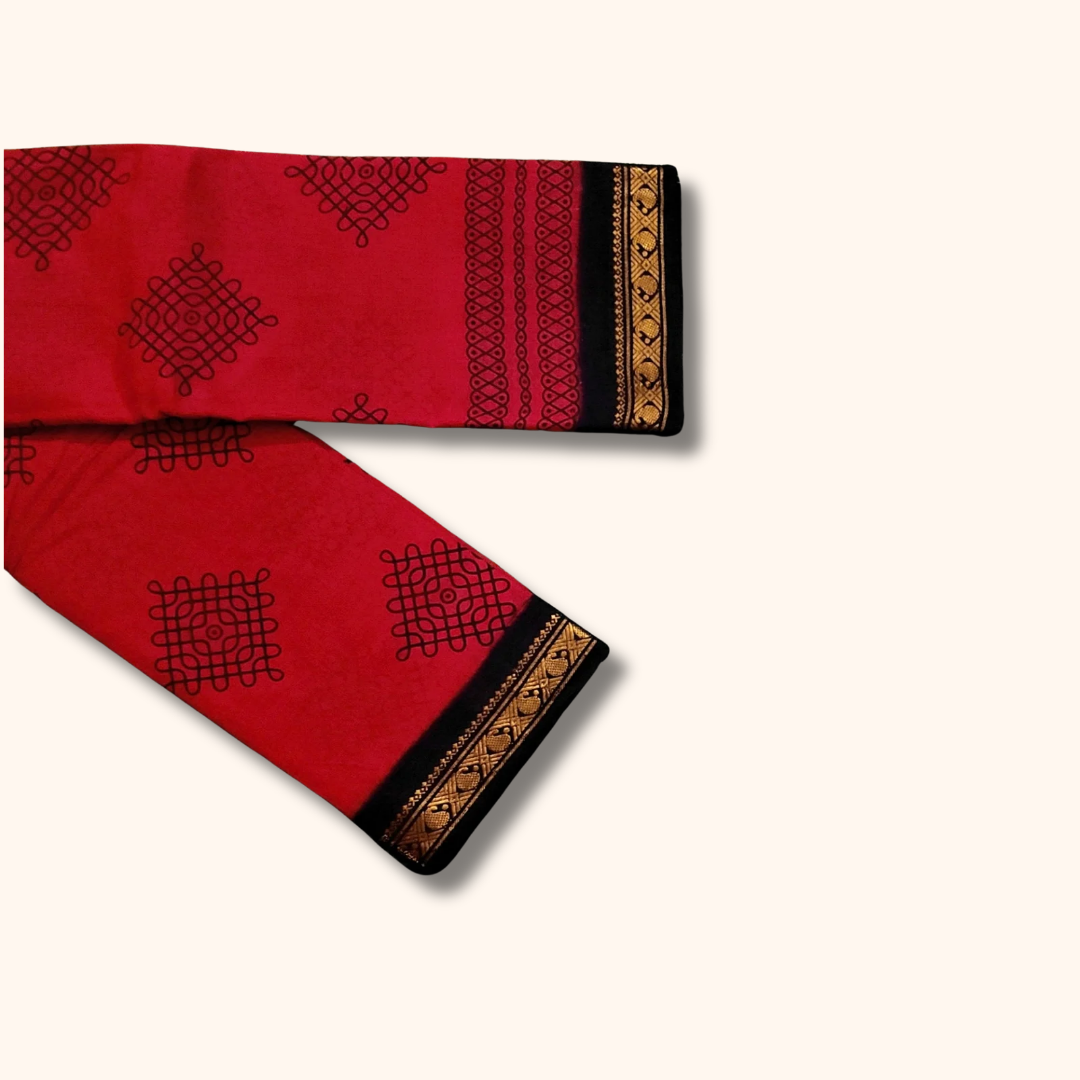 Red Kolam Cotton Saree with Black & Gold Zari Border – Running Blouse