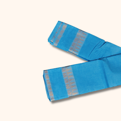 Sky Blue Cotton Saree with Gold Zari Stripes & Traditional Border – Running Blouse