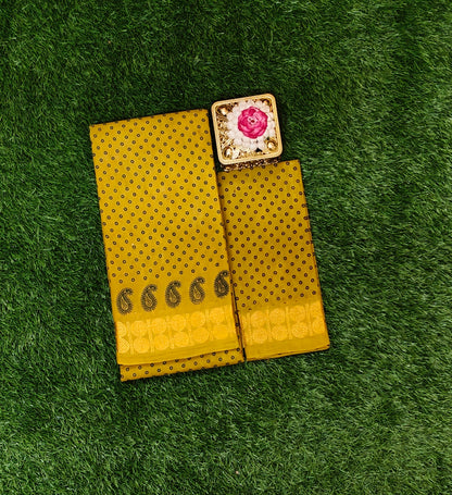 Mustard Yellow Sungudi Cotton Saree with Traditional Dot Pattern & Zari Border