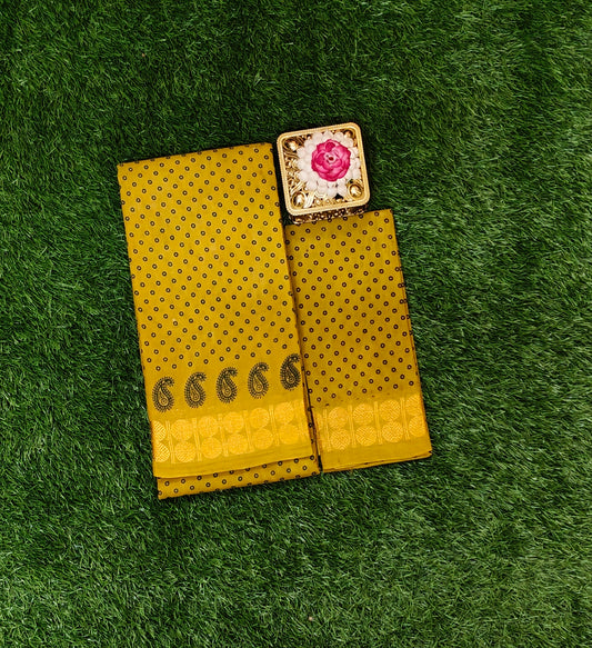 Mustard Yellow Sungudi Cotton Saree with Traditional Dot Pattern & Zari Border