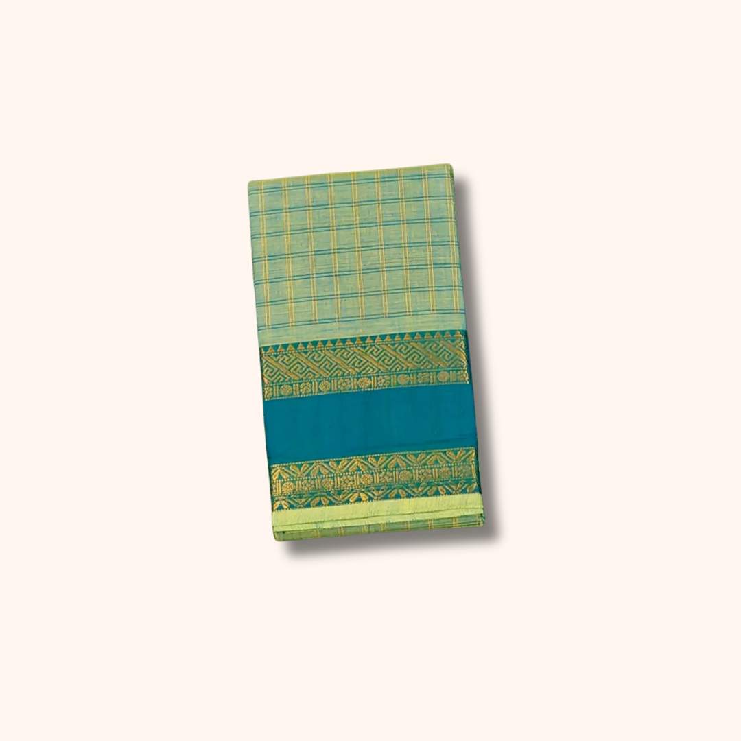 Light Green Chettinad Cotton Saree with Teal Blue Border