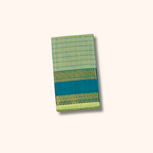 Light Green Chettinad Cotton Saree with Teal Blue Border