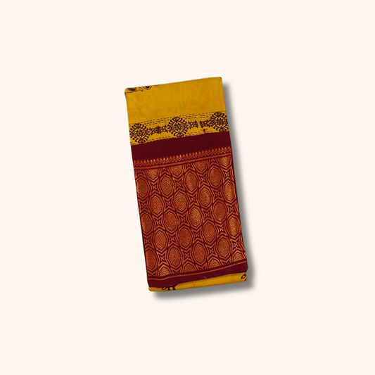 Mustard Yellow Sungudi Cotton Saree with Maroon Peacock Zari Border