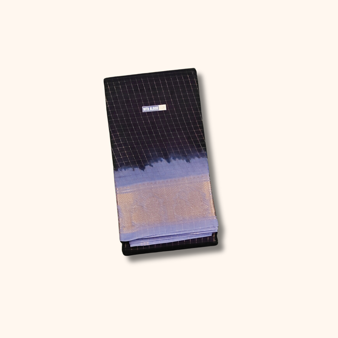 Black Sungudi Cotton Saree with Lavender Blue Peacock Border