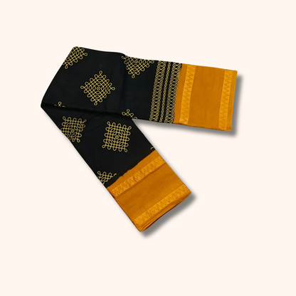Black & Mustard Yellow Kolam Cotton Saree with Running Blouse