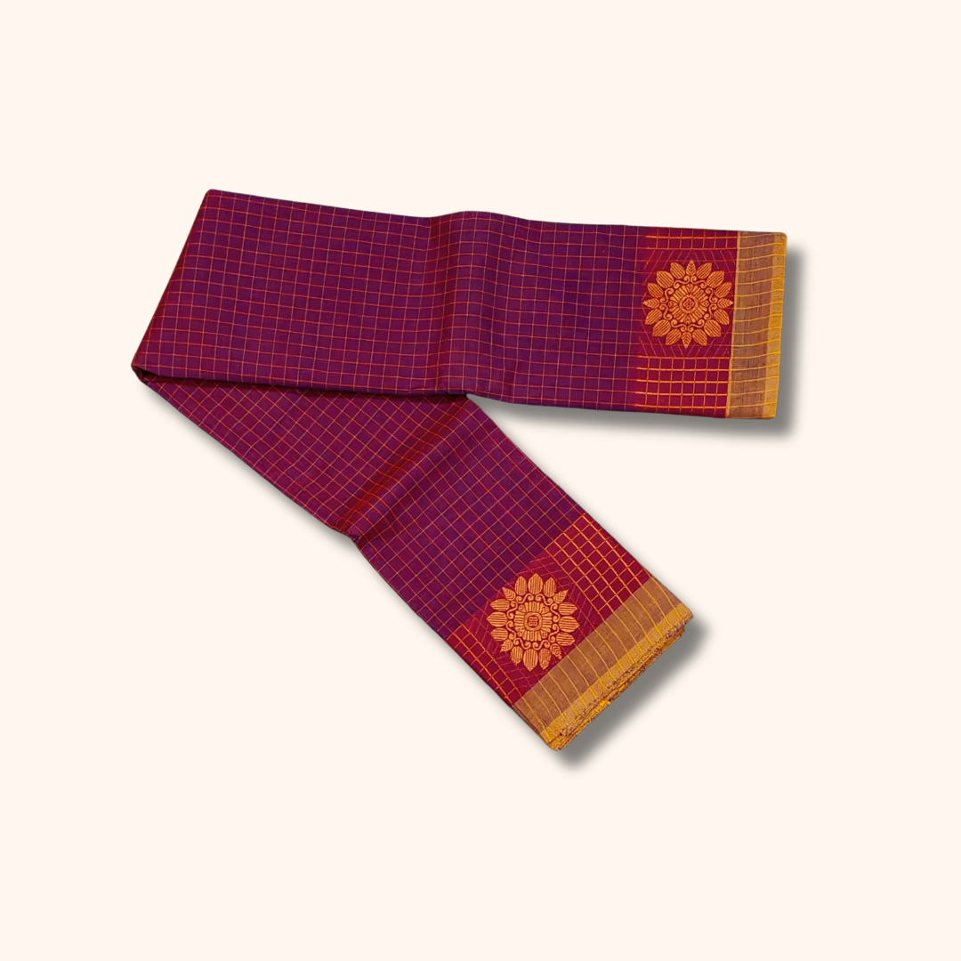Wine Purple Checked Chettinad Cotton Saree with Gold Zari Border