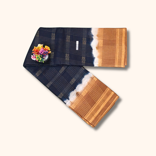 Midnight Blue Thread Work Sungudi Saree with Copper Zari Border