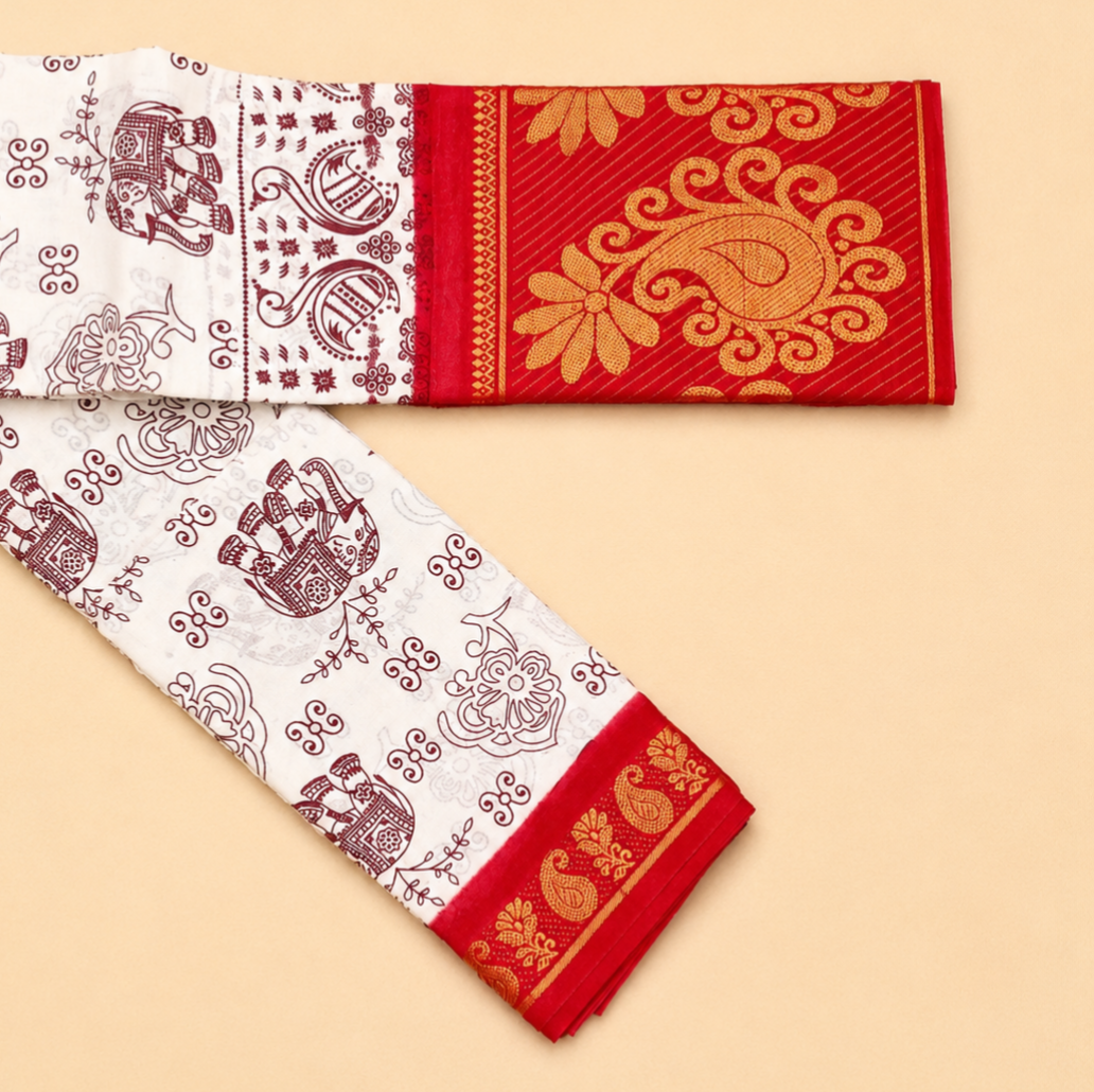 White and Red Printed Cotton Saree with Traditional Motif Border