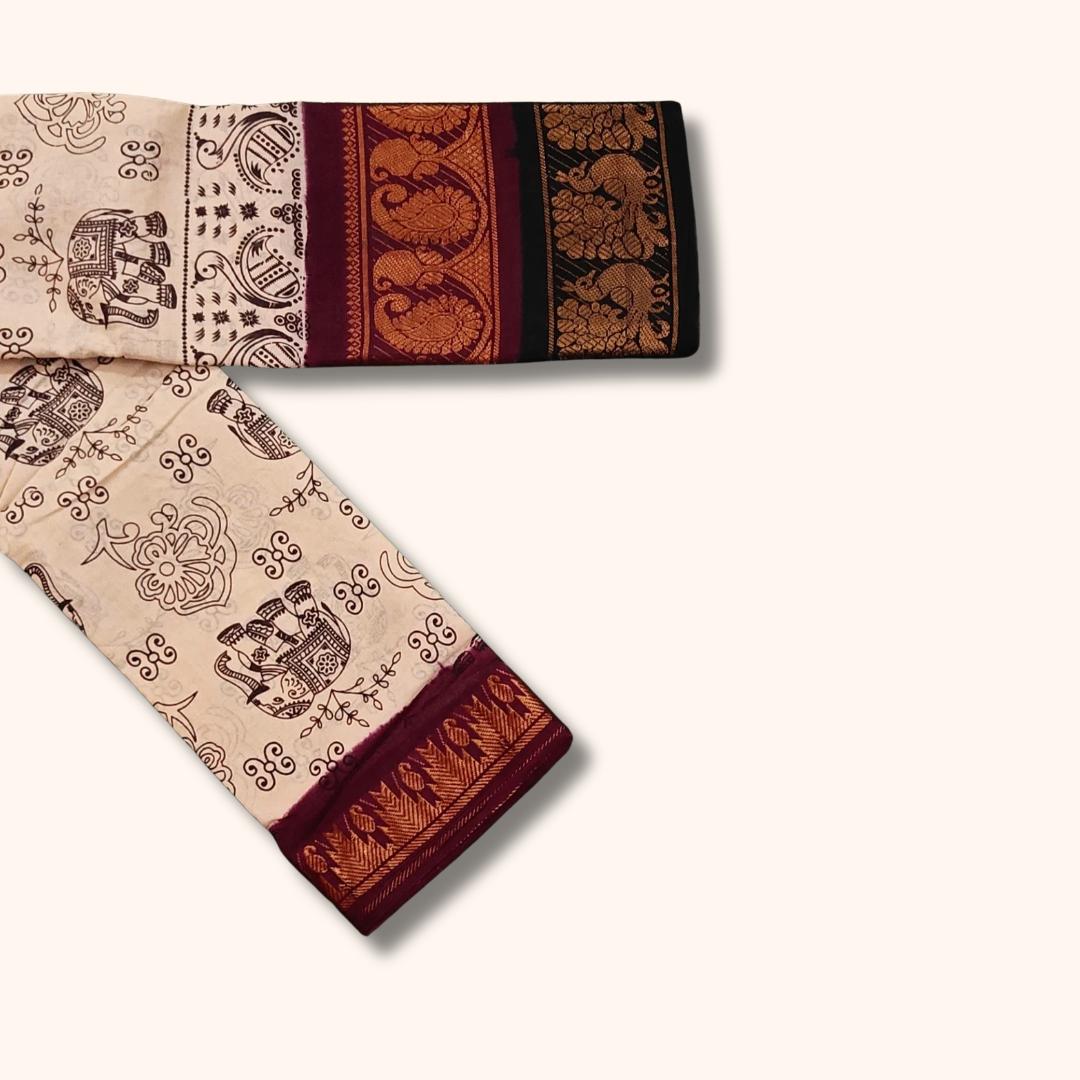 Cream Elephant Print Double Border Sungudi Cotton Saree – Traditional Peacock Border