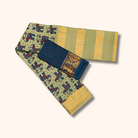 Pastel Green Elephant Border Cotton Saree with Separate Blouse