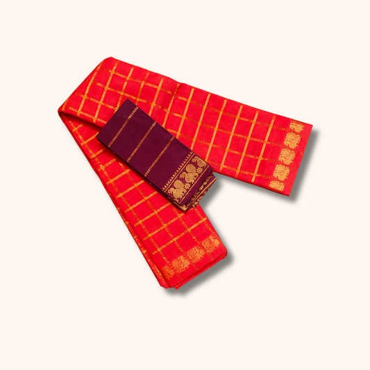 Tomato Red Checked Saree with Golden Zari Checks & Traditional Motif Border – Separate Blouse Piece