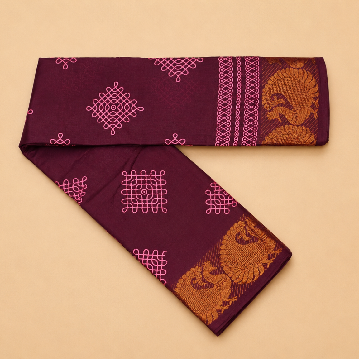 Dark Maroon Cotton Saree with Pink Thread Kolam Design & Peacock Border