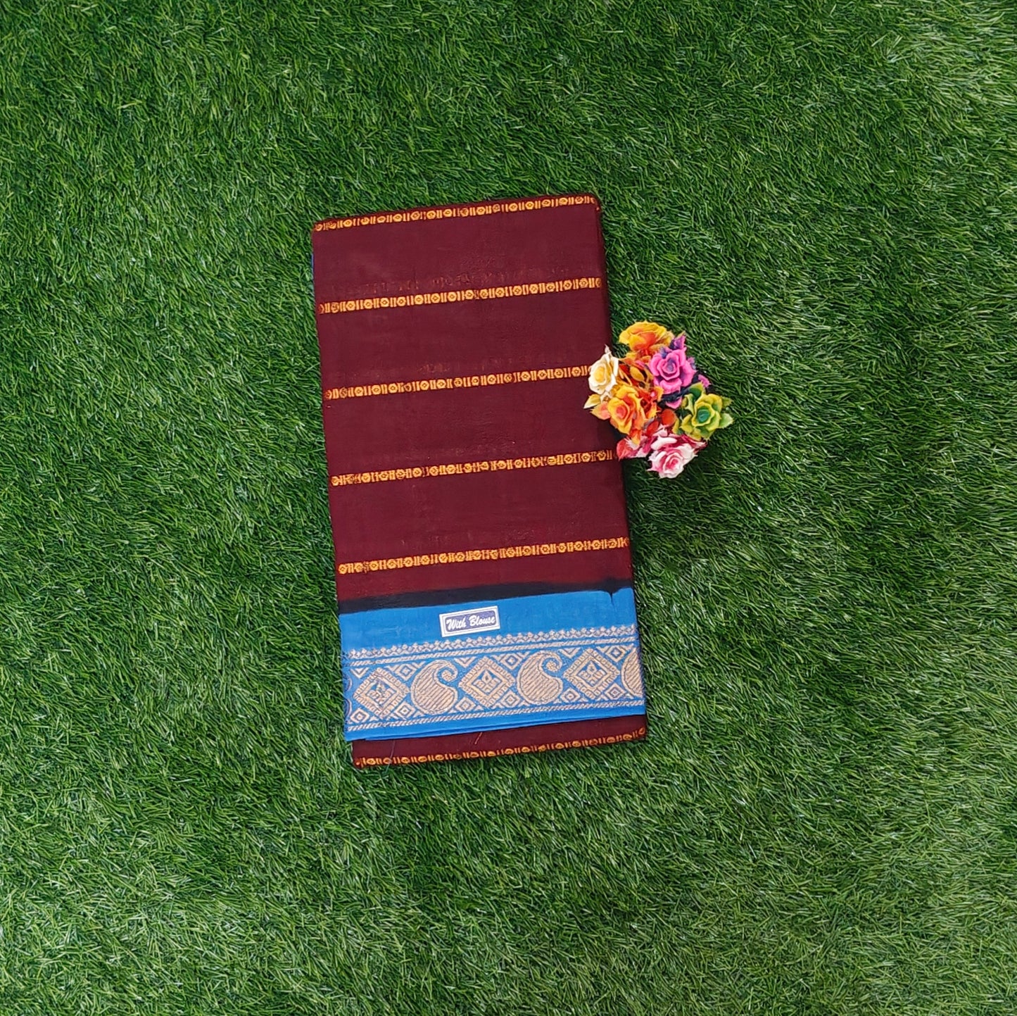 Maroon Sungudi Cotton Saree with Royal Blue Zari Border & Running Blouse