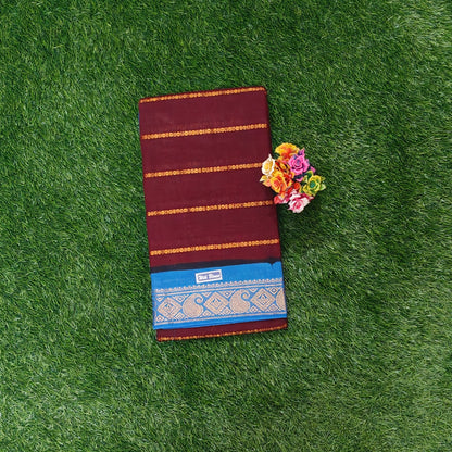 Maroon Sungudi Cotton Saree with Royal Blue Zari Border & Running Blouse