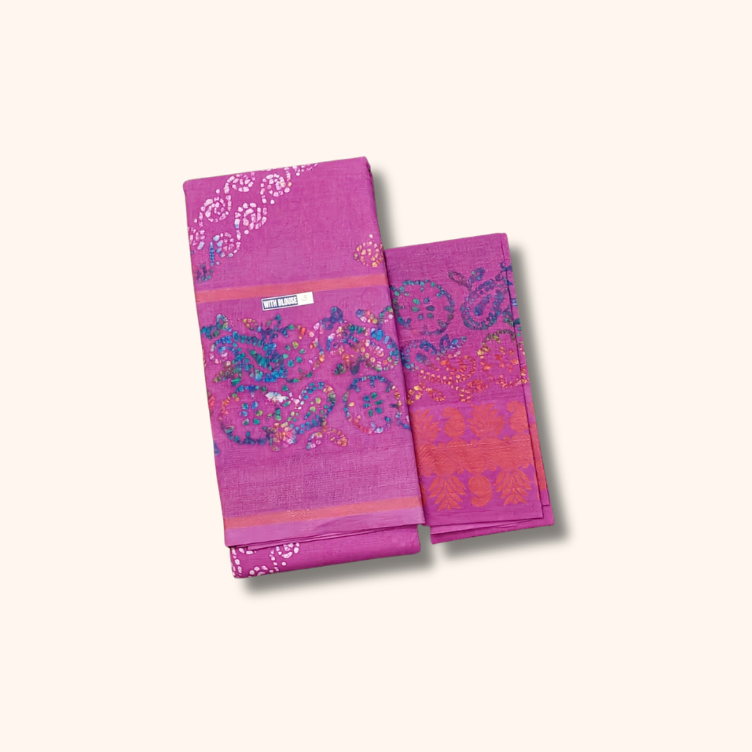 Purple Sungudi Cotton Saree with Multicolor Batik Paisley Design & Matching Blouse Piece
