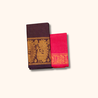 Coffee Brown Sungudi Cotton Saree with Gold Checks and Peacock Zari Border – Separate Blouse Piece Included
