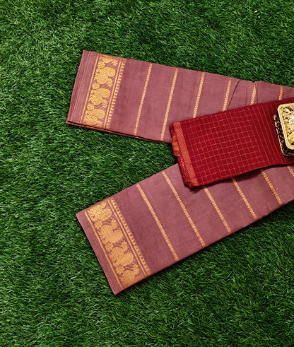 Beautiful Rose Gold Sungudi Cotton Saree with Zari Lines & Contrast Blouse Piece