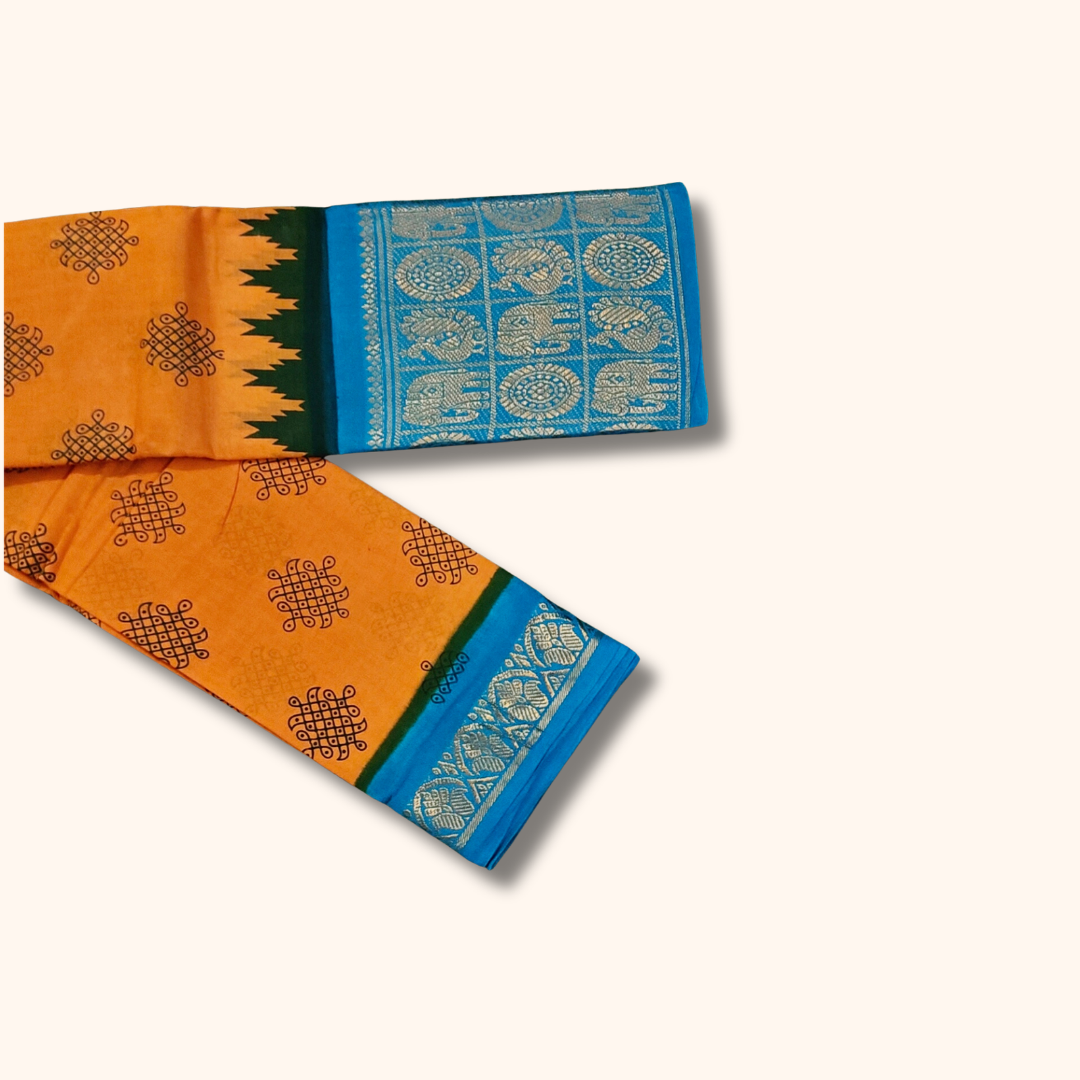Mustard Yellow Kolam Cotton Saree with Sky Blue Elephant Zari Border