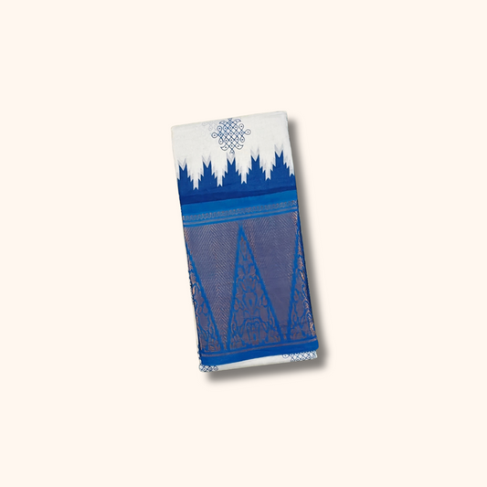 White Kolam Print Cotton Saree with Royal Blue Temple Border
