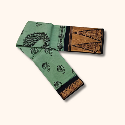 Mint Green & Black Peacock Print Sungudi Cotton Saree with Temple Zari Border