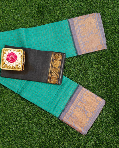 Teal Green Sungudi Cotton Saree with Grey Zari Border