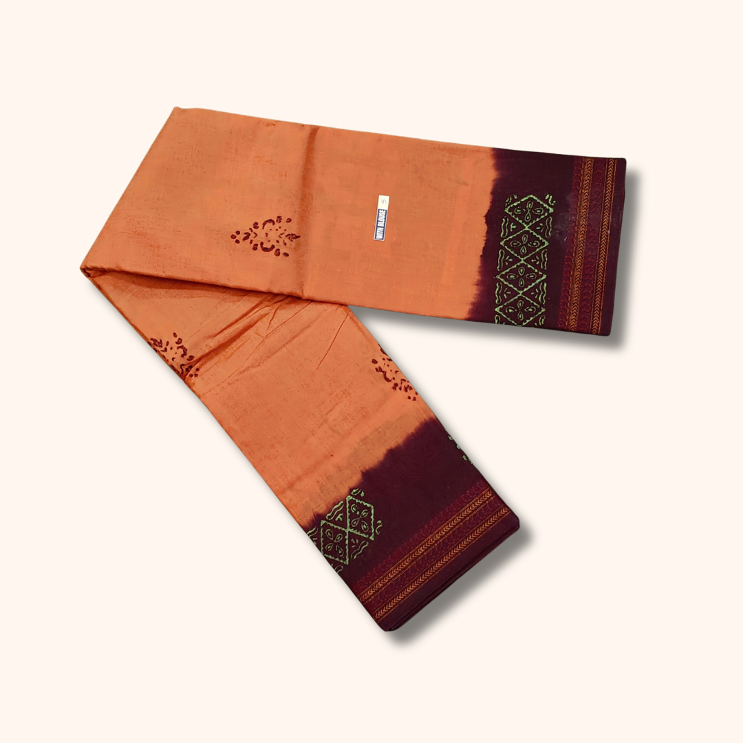 Peach Orange Sungudi Cotton Saree with Maroon Contrast Border