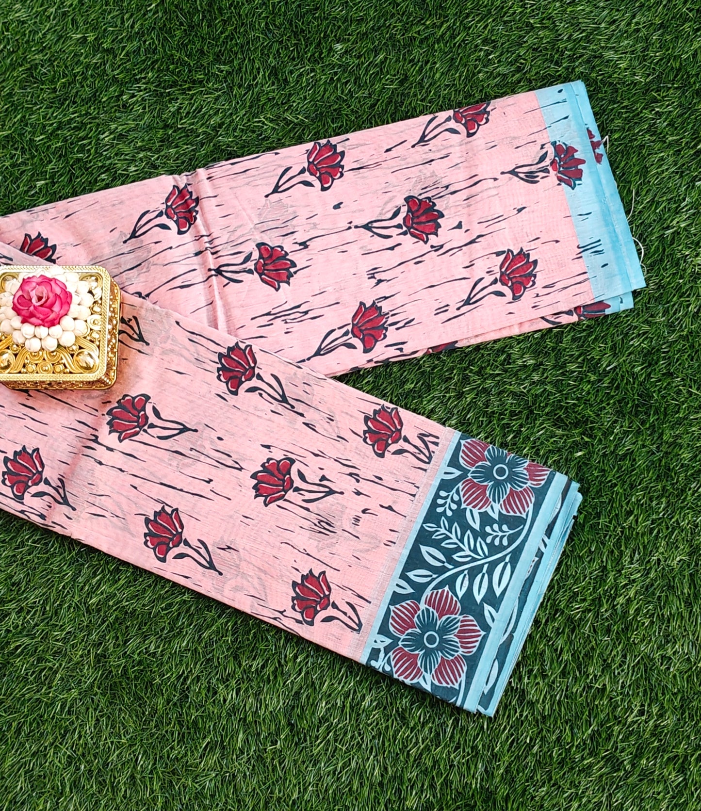 South Indian Pure Cotton Saree with Floral Block Print – Peach Pink Shade