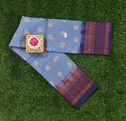 Steel Blue Cotton Saree with Floral Buttas & Contrast Border