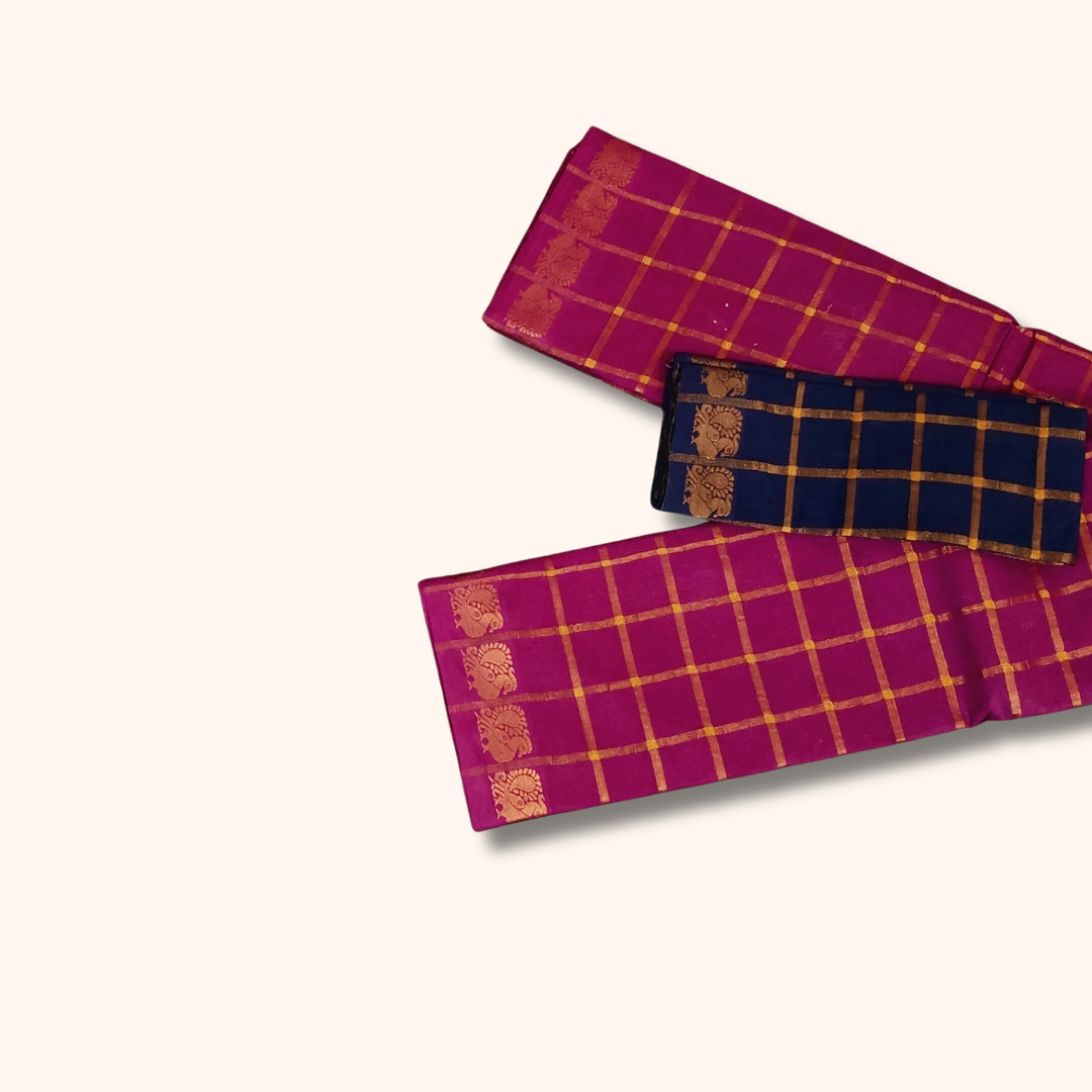 Magenta Pink with Gold Checks & Peacock Zari Border Pavithra Kattam Sungudi Cotton Saree