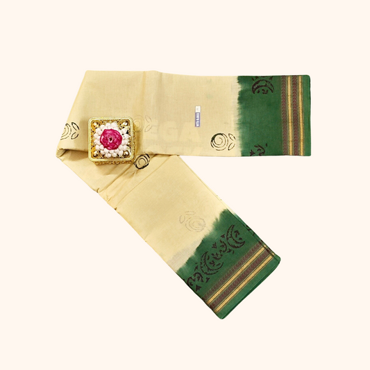 Beige Sungudi Cotton Saree with Green Border & Running Blouse