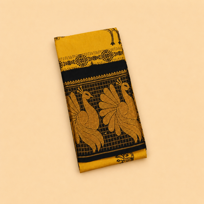 Attractive Mustard Yellow Printed Cotton Saree with Black Peacock Border