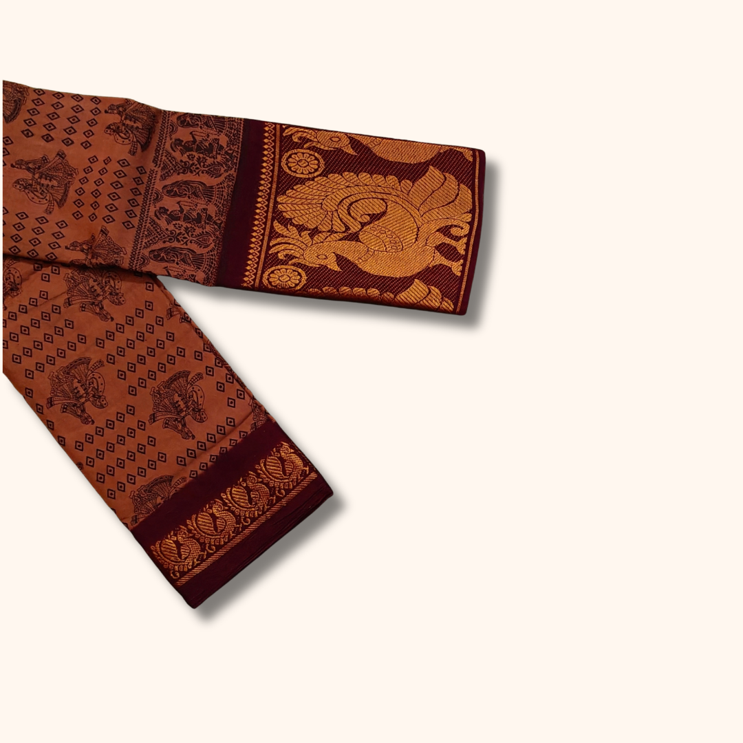 Terracotta Brown Printed Cotton Saree with Maroon Zari Border