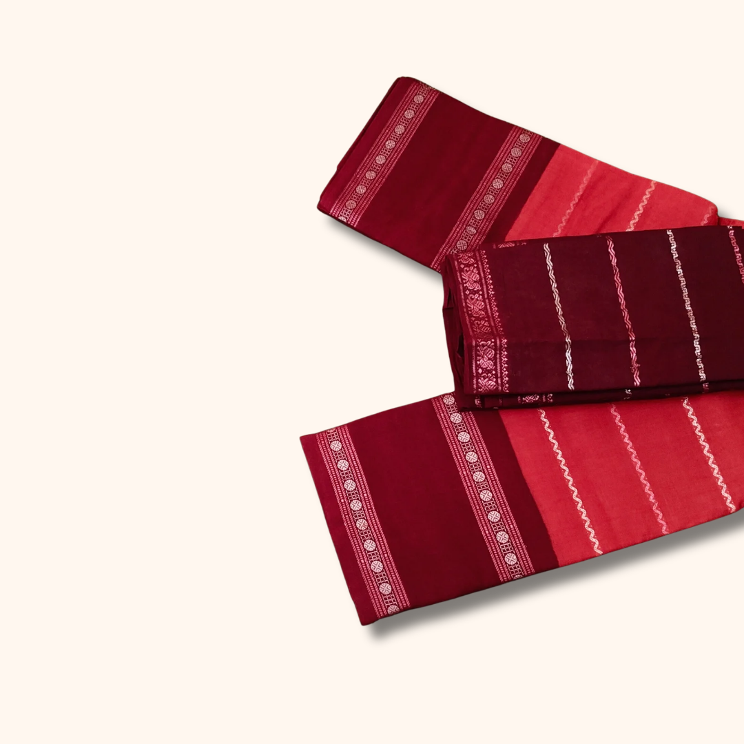 Coral Pink Sungudi Cotton Saree with Maroon Contrast Blouse