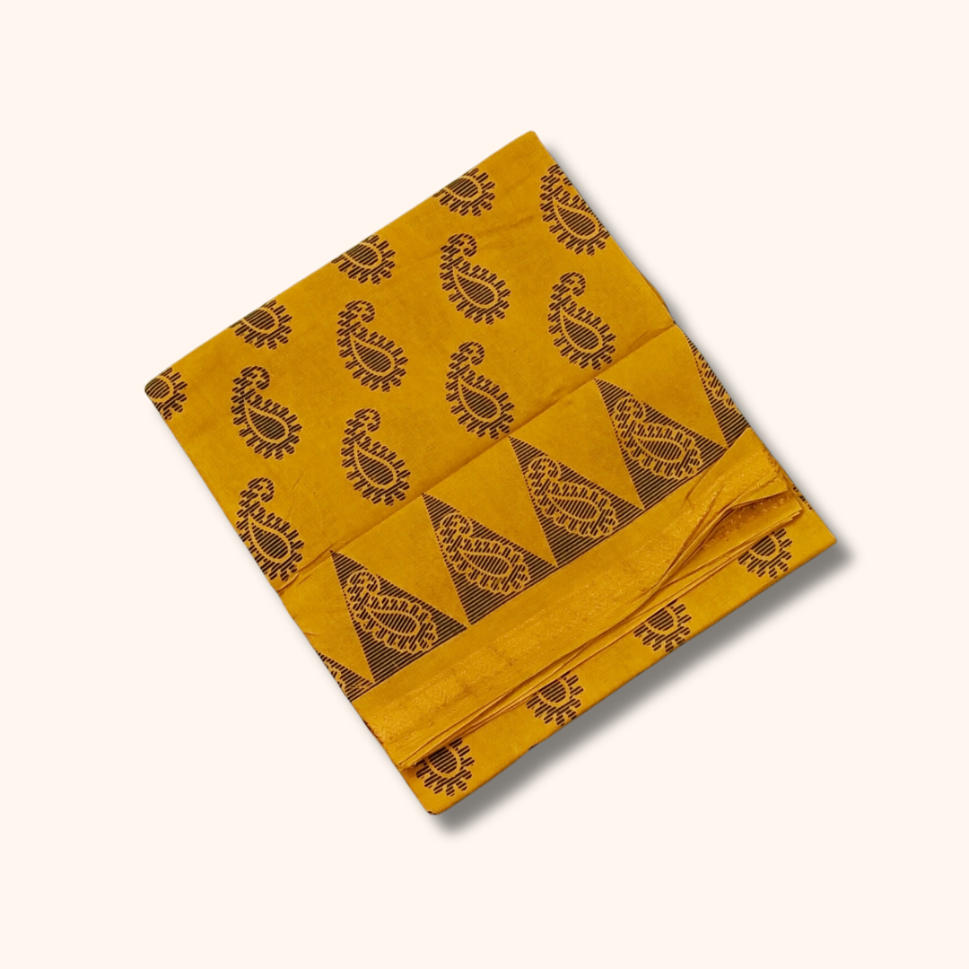 Mustard Yellow Cotton Saree – Traditional Paisley Print with Elegant Border