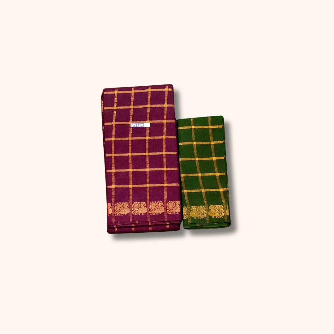 Pavithra Kattam Sungudi Cotton Saree – Deep Maroon with Gold Checks & Traditional Motif Border