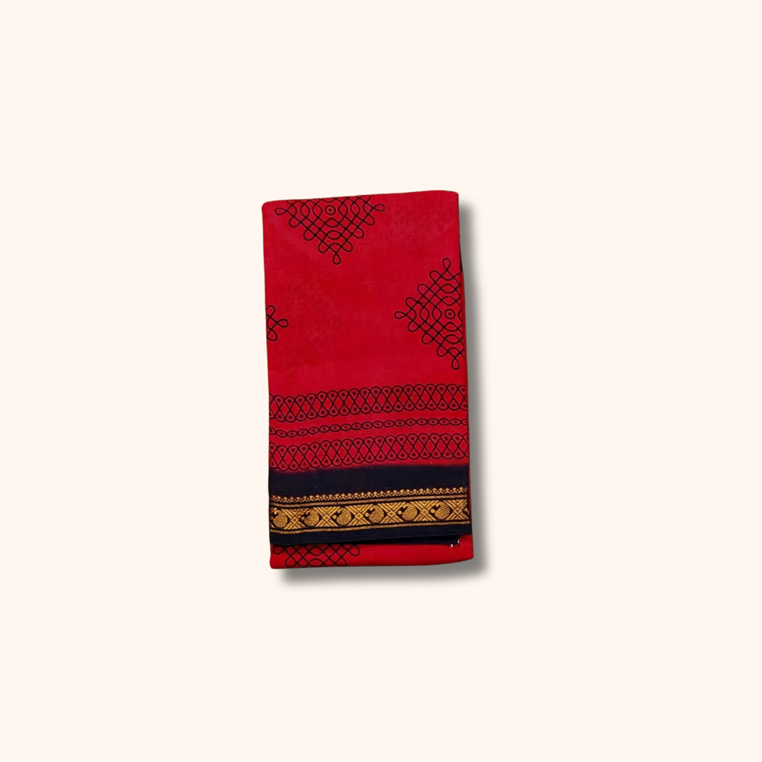 Red Kolam Cotton Saree with Black & Gold Zari Border – Running Blouse