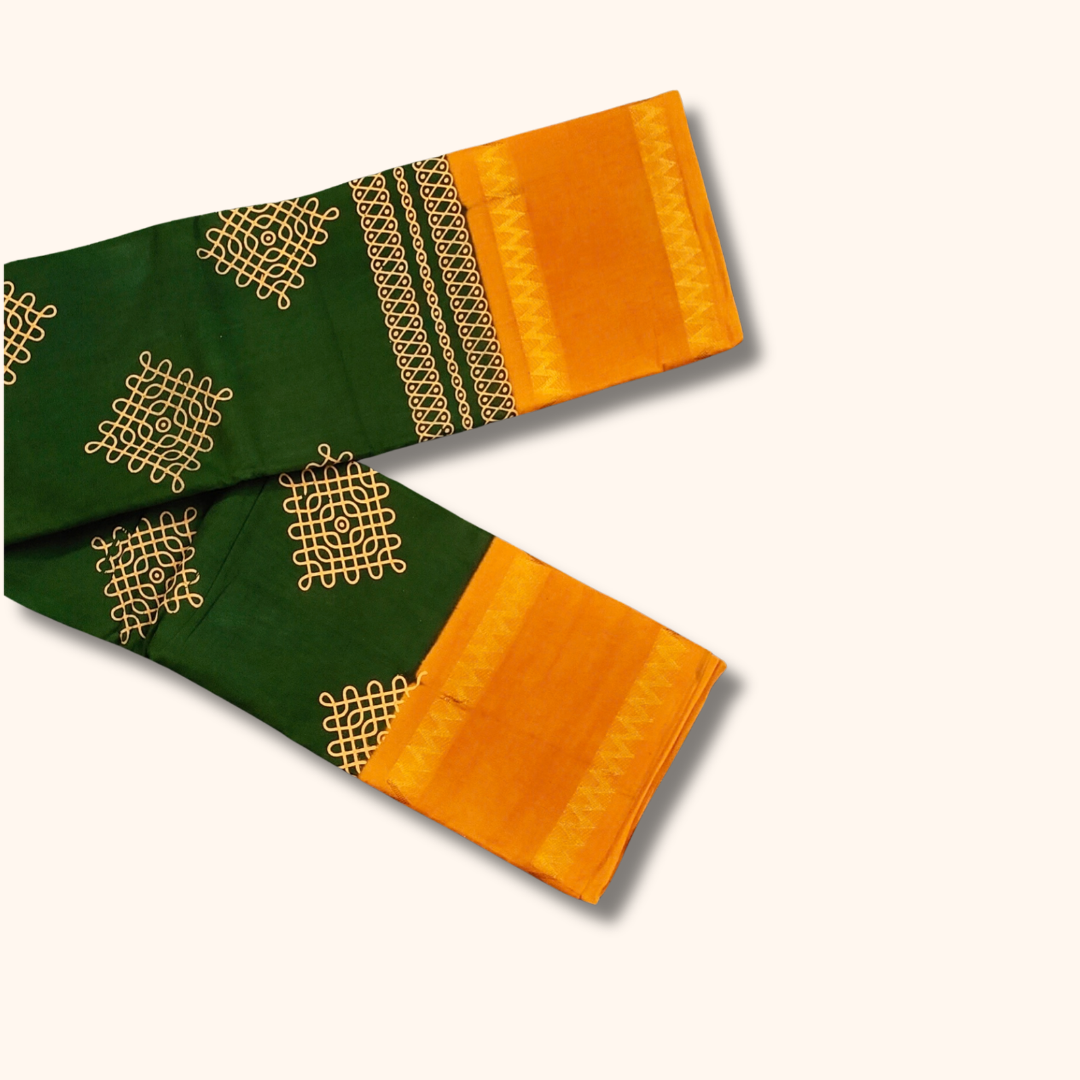 Dark Green & Mustard Yellow Kolam Cotton Saree with Running Blouse