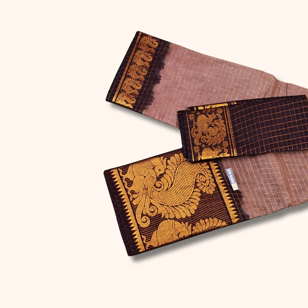 Brown Checked Sungudi Cotton Saree with Peacock Zari Border