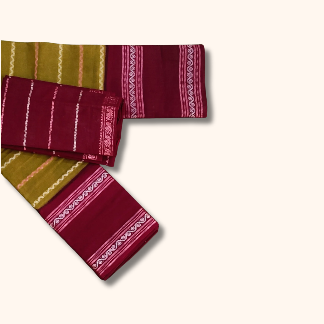 Olive Green Sungudi Cotton Saree with Magenta Contrast Blouse