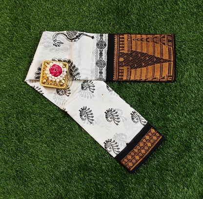 Attractive Off White Sungudi Cotton Saree with Black Motifs & Temple Zari Border