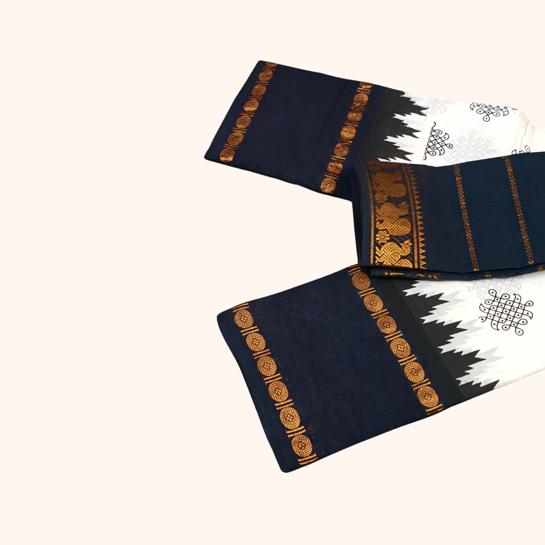 Black & White Kolam Temple Border Sungudi Cotton Saree with Separate Blouse
