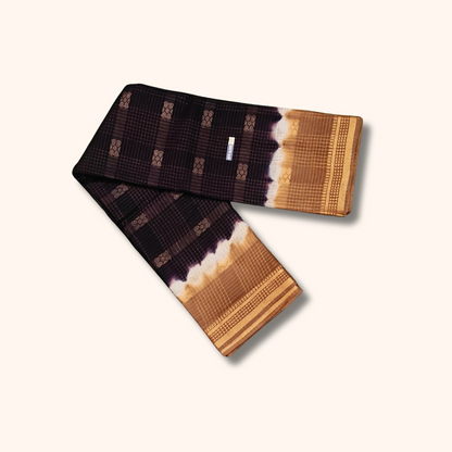 Dark Coffee Brown Sungudi Cotton Saree with Gold Zari Border