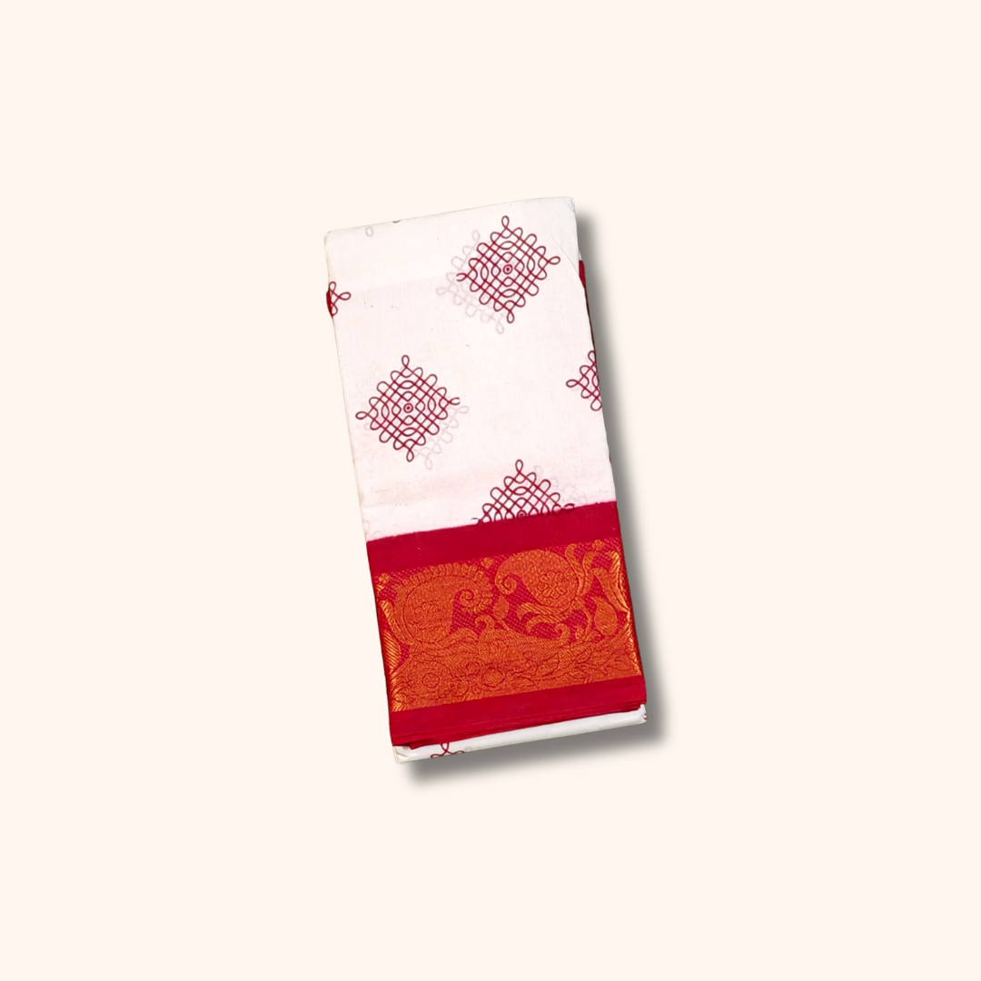 White Kolam Sungudi Cotton Saree with Traditional Woven Border