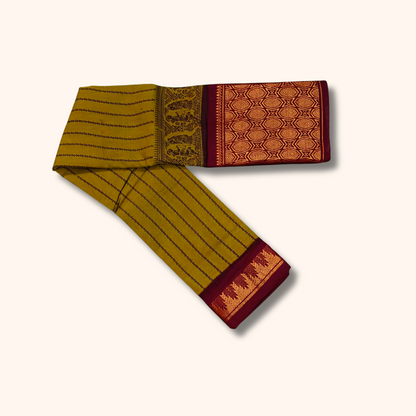 Olive Green Striped Cotton Saree with Maroon Geometric Border