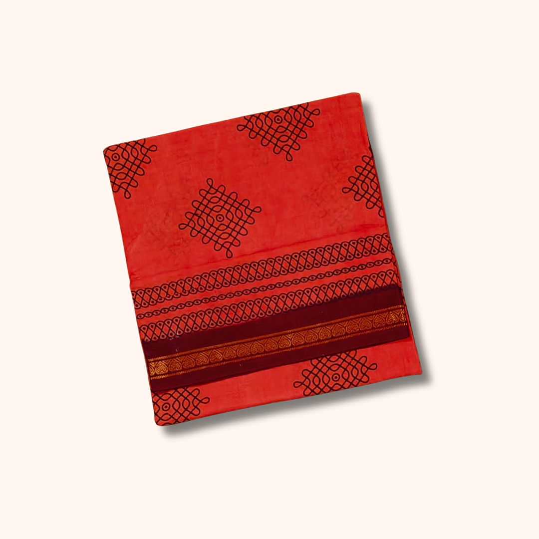 Coral Red Sungudi Cotton Saree with Maroon Border