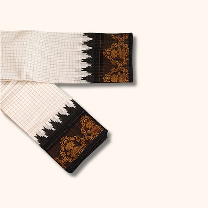 Off-White Pure Cotton Sungudi Saree with Black & Gold Floral Border