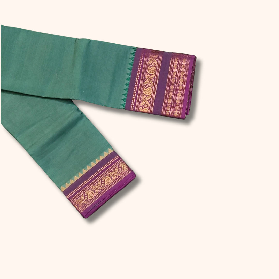 Sea Green Chettinad Cotton Saree with Purple Temple Border