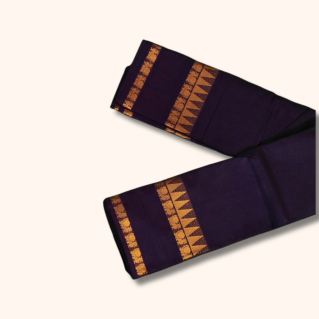 Deep Purple Pure Cotton Saree with Traditional Zari Border – Running Blouse