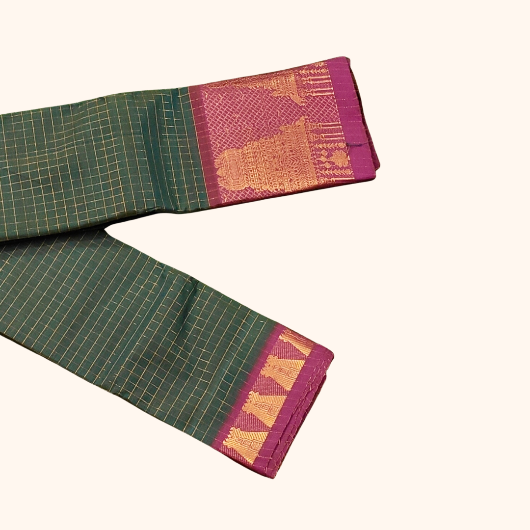 Bottle Green Temple Border Cotton Saree with Magenta Pallu Separate Blouse Piece