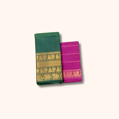 Bottle Green Pure Cotton Saree with Magenta Contrast Blouse